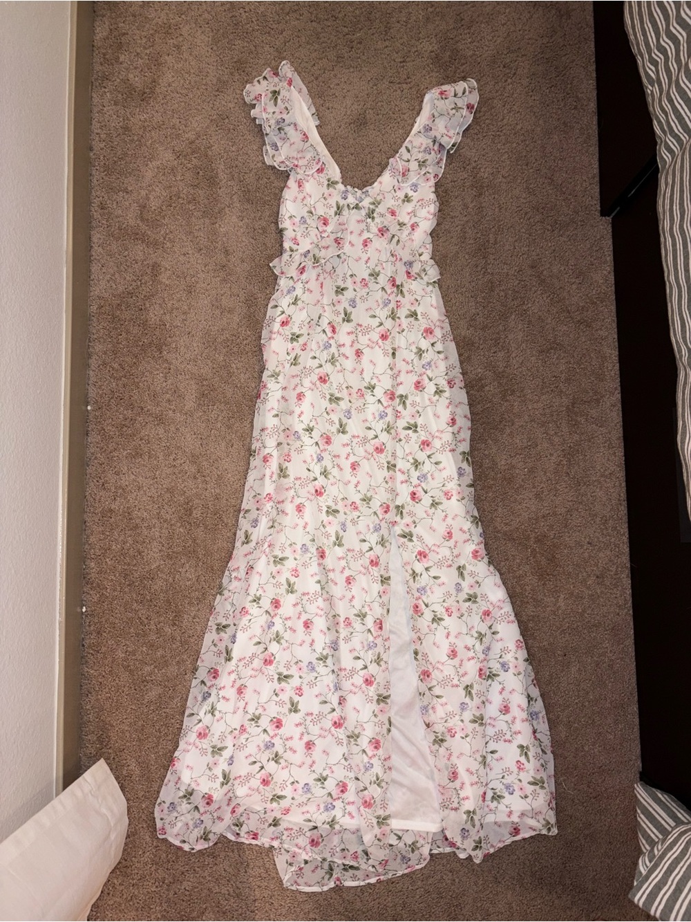 Francesca's Collections White Maxi Dress with Pink & Green Floral Print